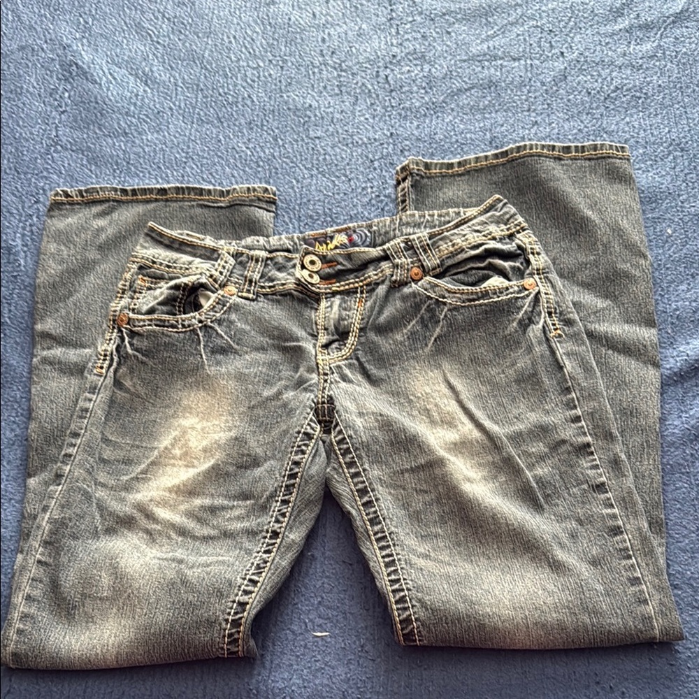 Angels Blue Flare & Wide Leg Jeans with Vintage Distressing